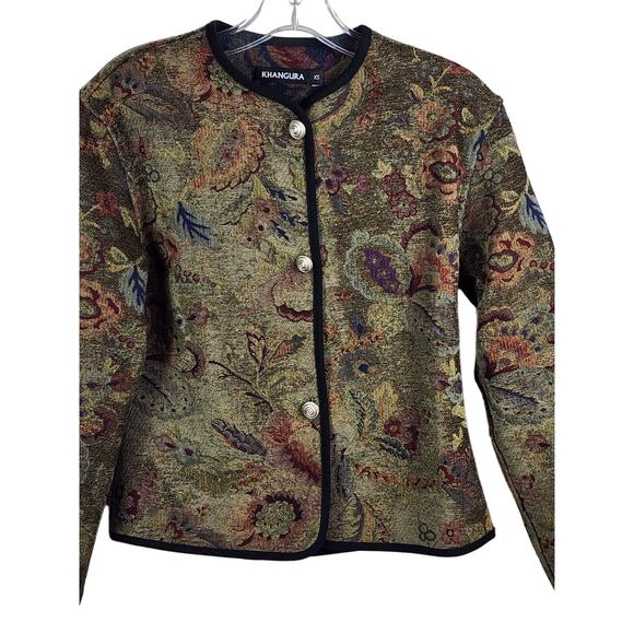 Vintage 90s Khanguru Green Floral Tapestry Classic Blazer Jacket XS made in USA - Picture 2 of 9